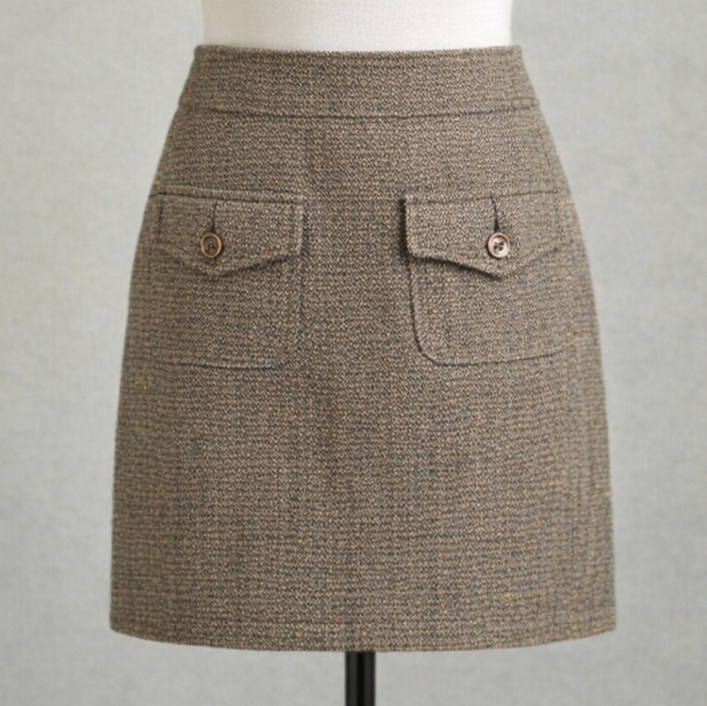 Michael Kors Tweed Wool Skirt Black Tan Gold Shimmer Button Pocket 6 - Picture 1 of 14